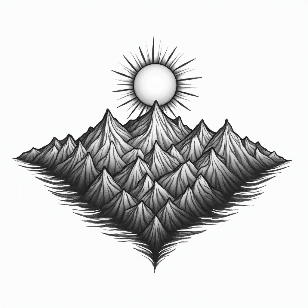 Mountain range with a rising sunhigly detailed tattoo - Variation 19