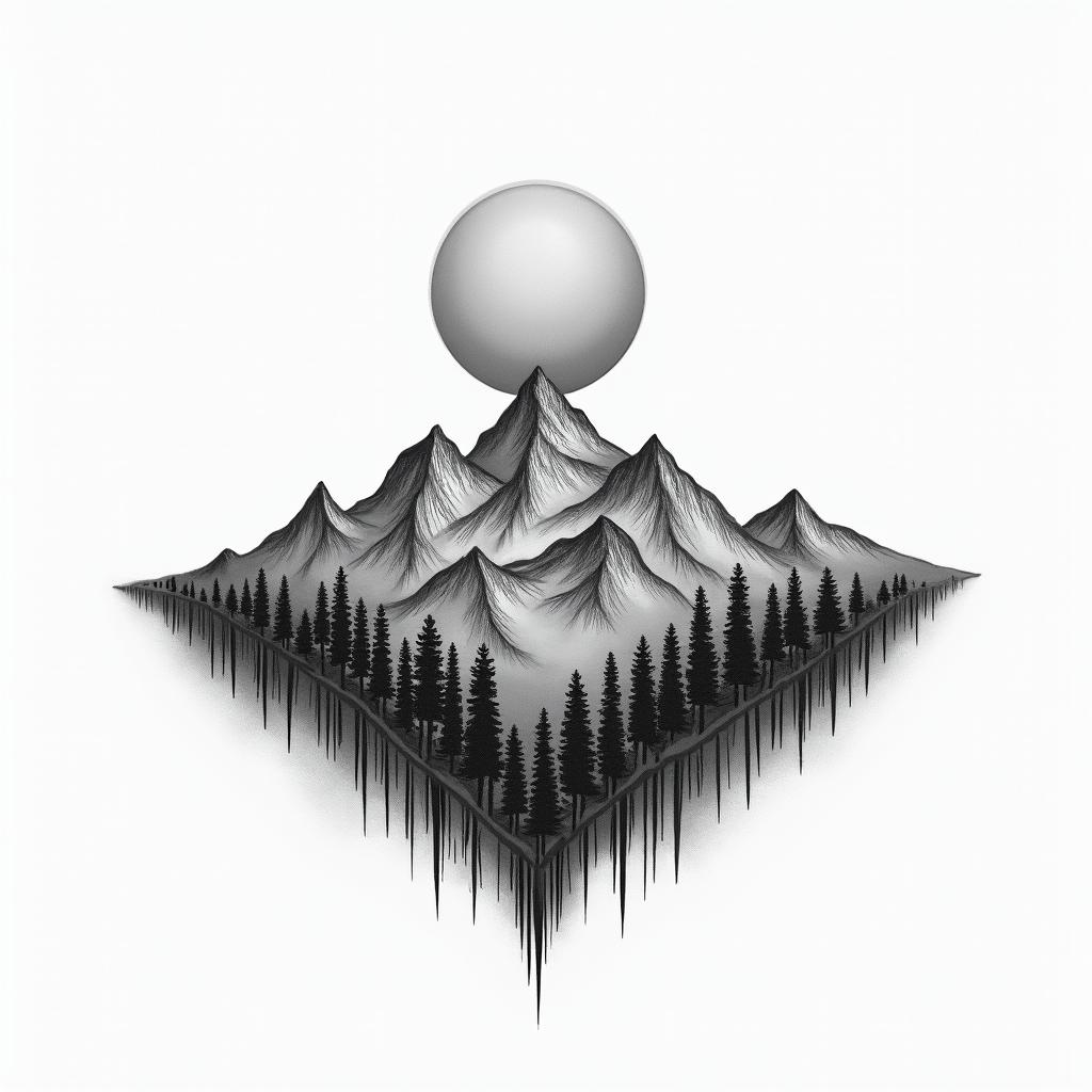 Mountain range with a rising sunhigly detailed tattoo - Variation 18