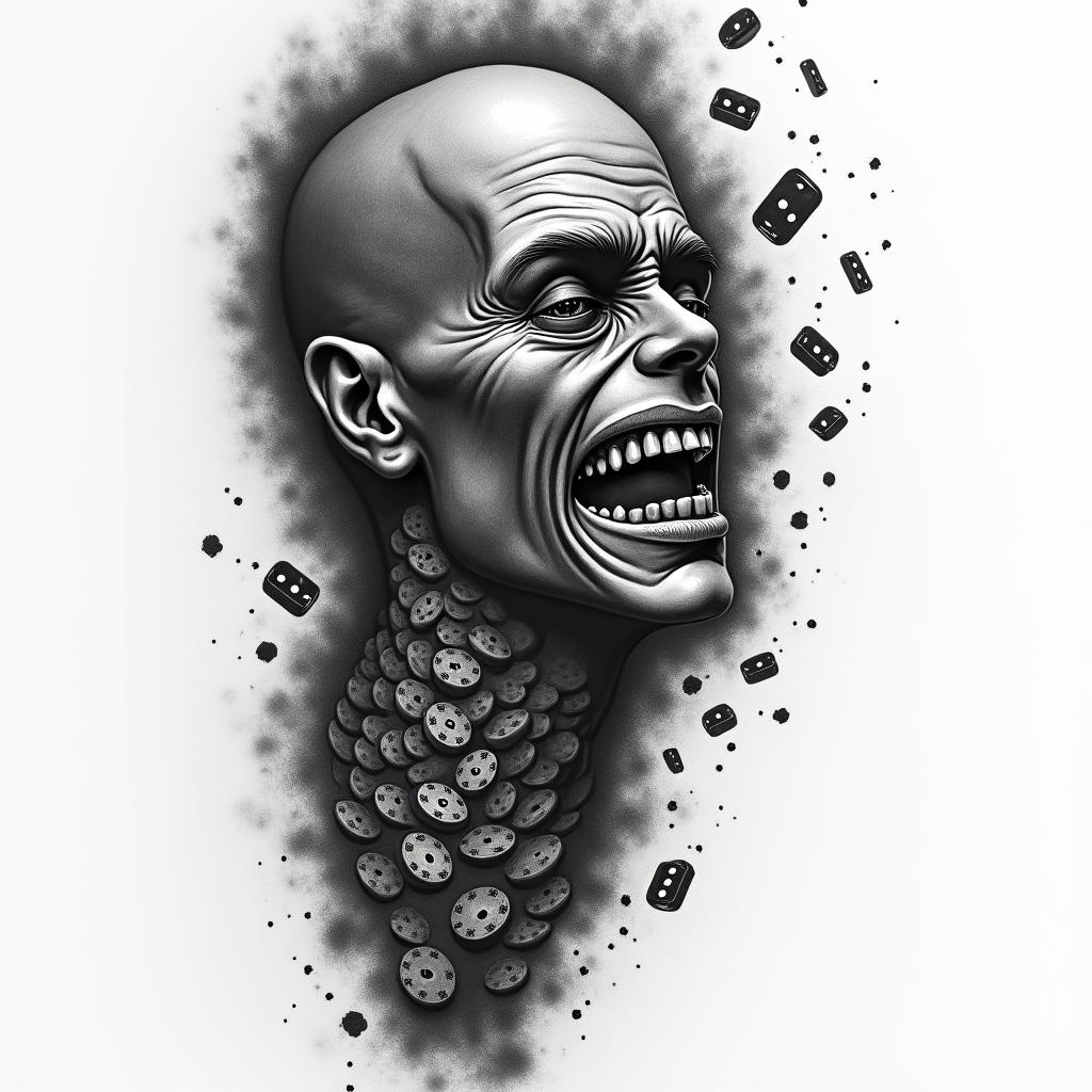 A powerful tattoo design depicting the struggle and emotion related to gambling addiction, featuring dark colors like black to represent anger. The design includes elements symbolizing the highs and lows of gambling, like winning chips or dice, intertwined with the text "I love the hustle," showcasing personal growth and resilience through the conflict of addiction.higly detailed tattoo