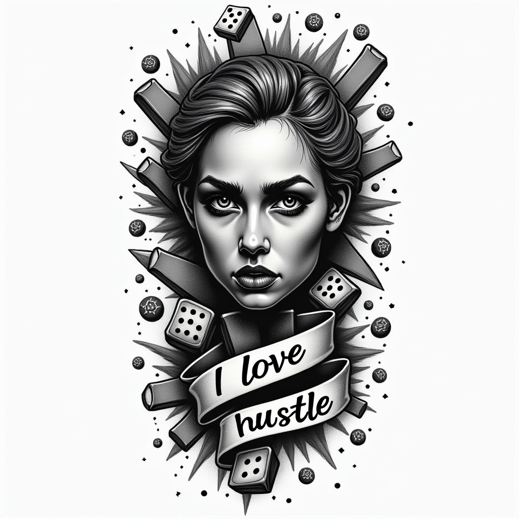 A powerful tattoo design depicting the struggle and emotion related to gambling addiction, featuring dark colors like black to represent anger. The design includes elements symbolizing the highs and lows of gambling, like winning chips or dice, intertwined with the text "I love the hustle," showcasing personal growth and resilience through the conflict of addiction.higly detailed tattoo - Variation 3