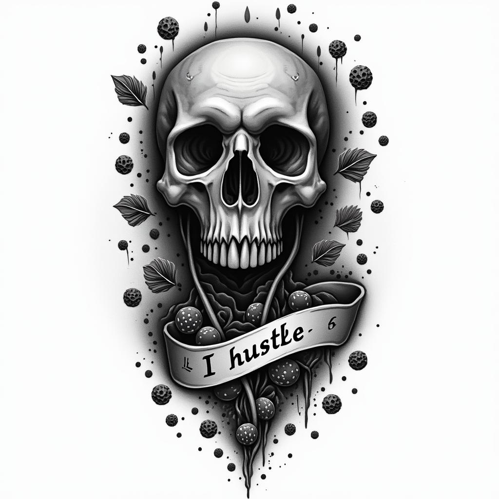 A powerful tattoo design depicting the struggle and emotion related to gambling addiction, featuring dark colors like black to represent anger. The design includes elements symbolizing the highs and lows of gambling, like winning chips or dice, intertwined with the text "I love the hustle," showcasing personal growth and resilience through the conflict of addiction.higly detailed tattoo - Variation 2