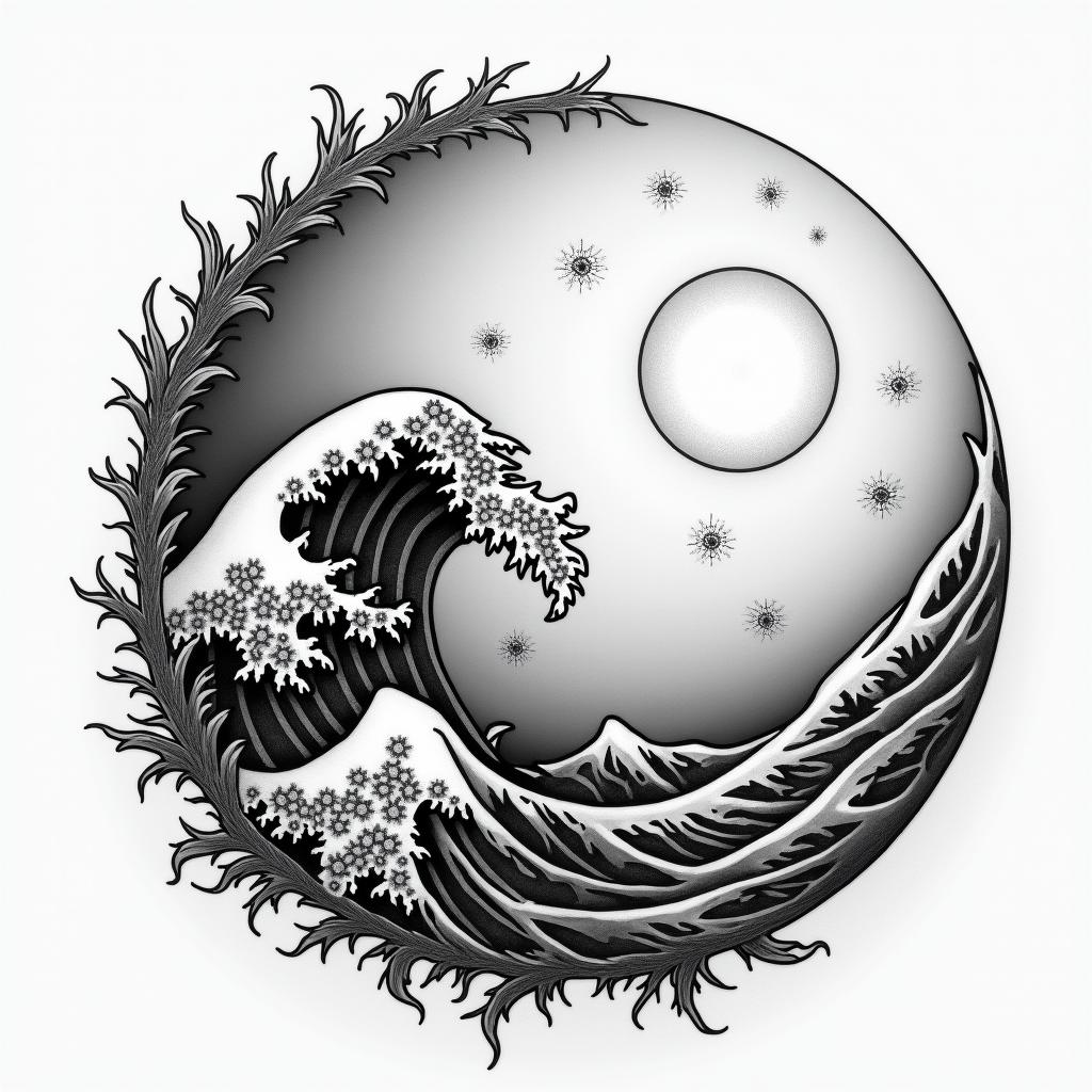 Full moon, stars, powerful wave, sun all in a broken circletattoo in biomechanic style, the tattoo covered by robotic elements of futuristic cyberpunk design, robotic features detail, showcasing intricate mechanical components - Variation 4