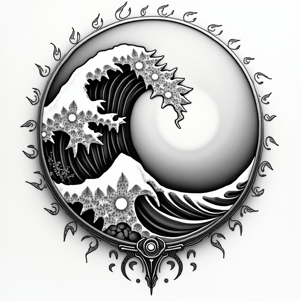 Full moon, stars, powerful wave, sun all in a broken circletattoo in biomechanic style, the tattoo covered by robotic elements of futuristic cyberpunk design, robotic features detail, showcasing intricate mechanical components - Variation 3