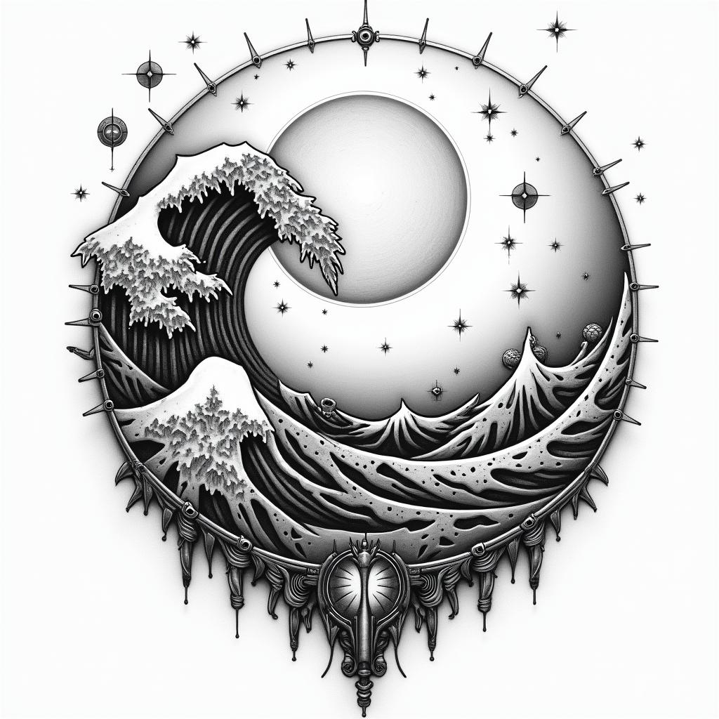 Full moon, stars, powerful wave, sun all in a broken circletattoo in biomechanic style, the tattoo covered by robotic elements of futuristic cyberpunk design, robotic features detail, showcasing intricate mechanical components - Variation 2