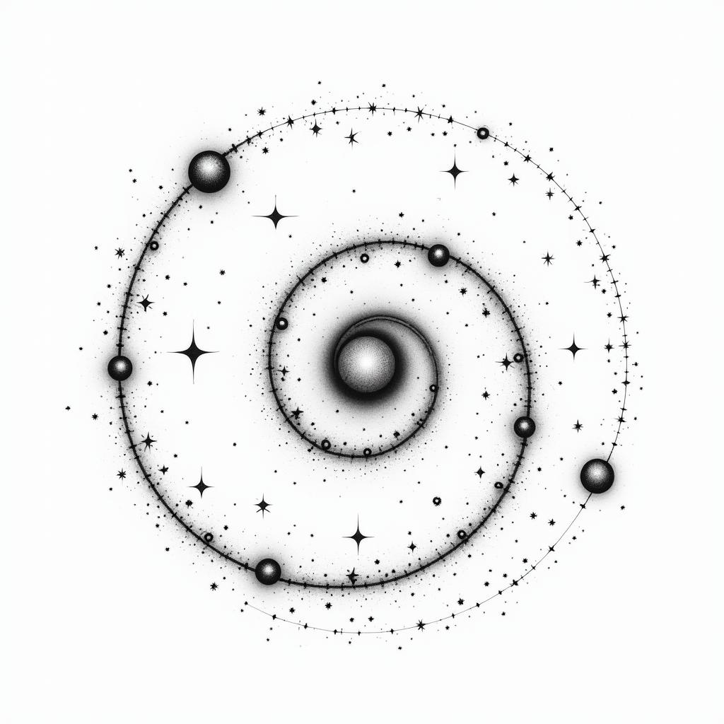 Spiral galaxy with stars and planetsin minimalist style tattoo, featuring simple shapes and fine lines, with minimal shading and details, tiny triangles, creating a sense of balance and harmony - Variation 12