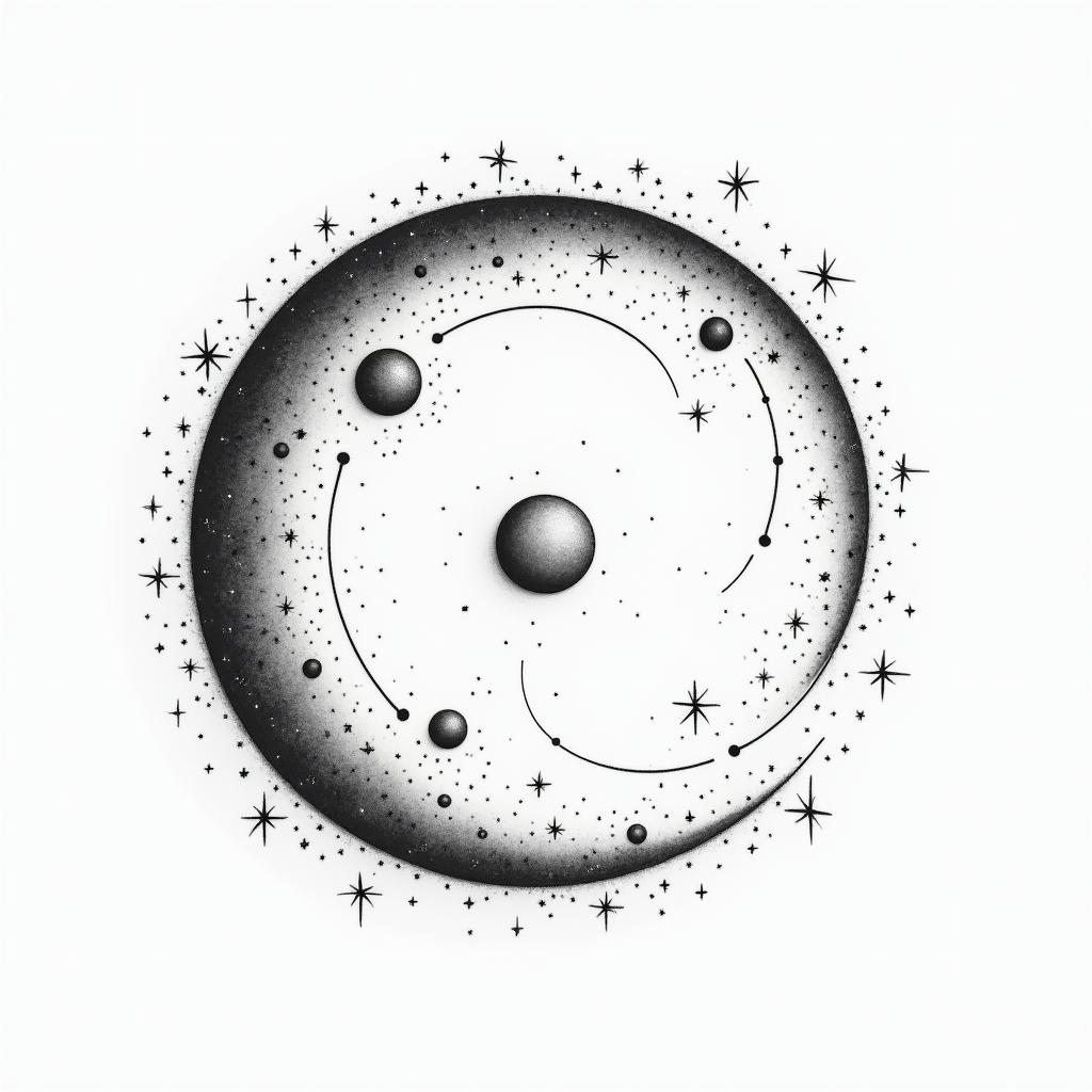 Spiral galaxy with stars and planetsin minimalist style tattoo, featuring simple shapes and fine lines, with minimal shading and details, tiny triangles, creating a sense of balance and harmony - Variation 10