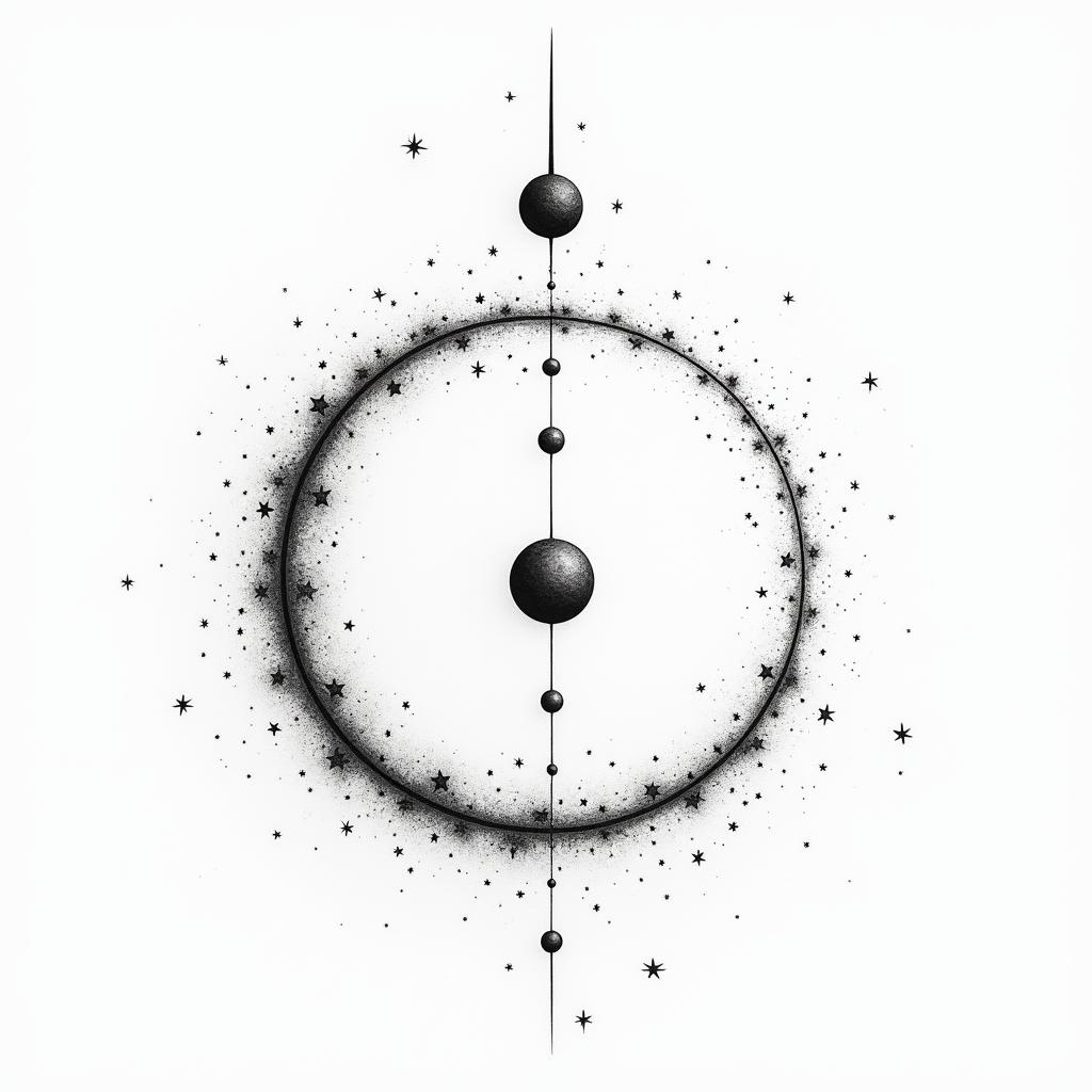 Spiral galaxy with stars and planetsin minimalist style tattoo, featuring simple shapes and fine lines, with minimal shading and details, tiny triangles, creating a sense of balance and harmony - Variation 9