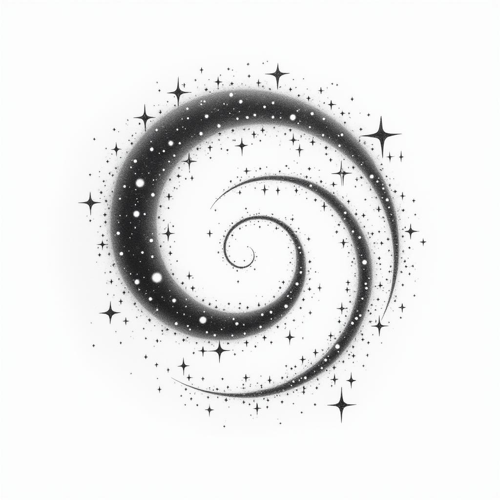 Spiral galaxy with stars and planetsin minimalist style tattoo, featuring simple shapes and fine lines, with minimal shading and details, tiny triangles, creating a sense of balance and harmony - Variation 11