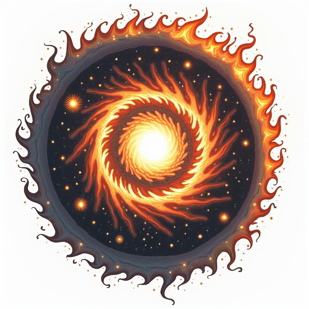 Spiral galaxy with stars and planetsin flame tattoo style showcasing fiery elements with dynamic flame patterns, glowing effect of flames, natural colors - Variation 2