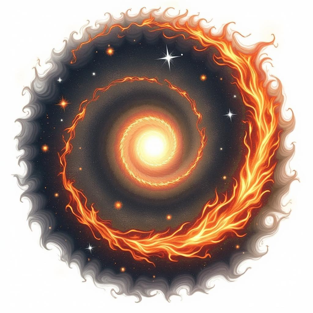 Spiral galaxy with stars and planetsin flame tattoo style showcasing fiery elements with dynamic flame patterns, glowing effect of flames, natural colors - Variation 3