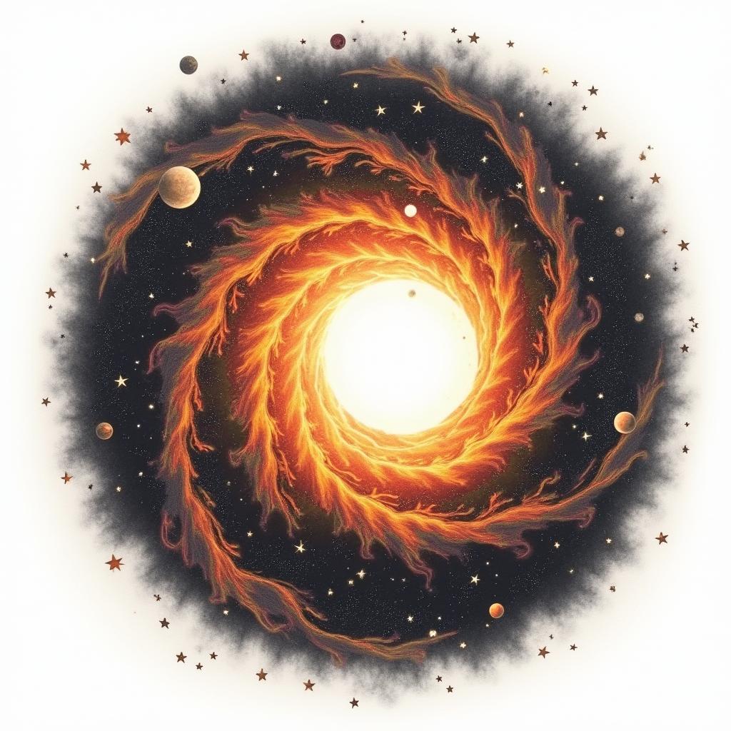 Spiral galaxy with stars and planetsin flame tattoo style showcasing fiery elements with dynamic flame patterns, glowing effect of flames, natural colors - Variation 4