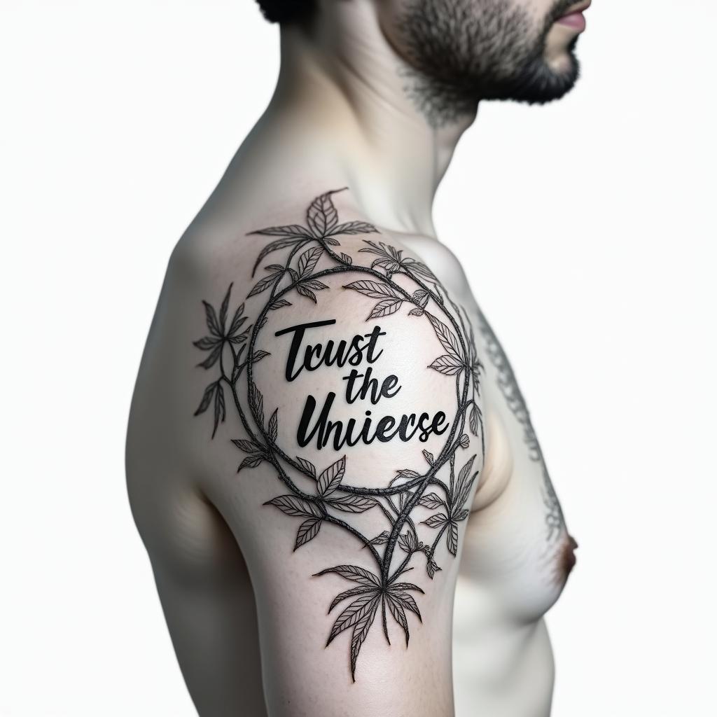 vines on shoulder with “trust the universe” written in cursive in the middlehigly detailed tattoo
