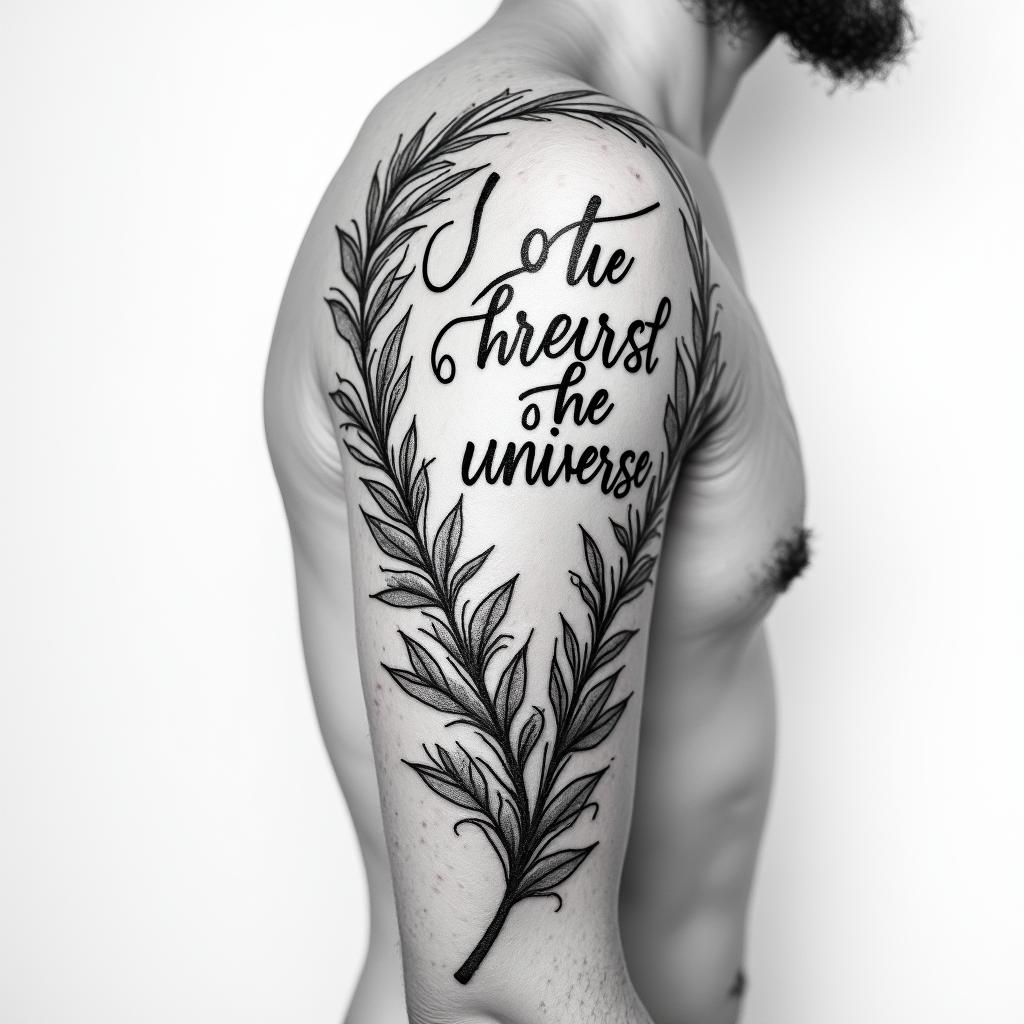 vines on shoulder with “trust the universe” written in cursive in the middlehigly detailed tattoo - Variation 3