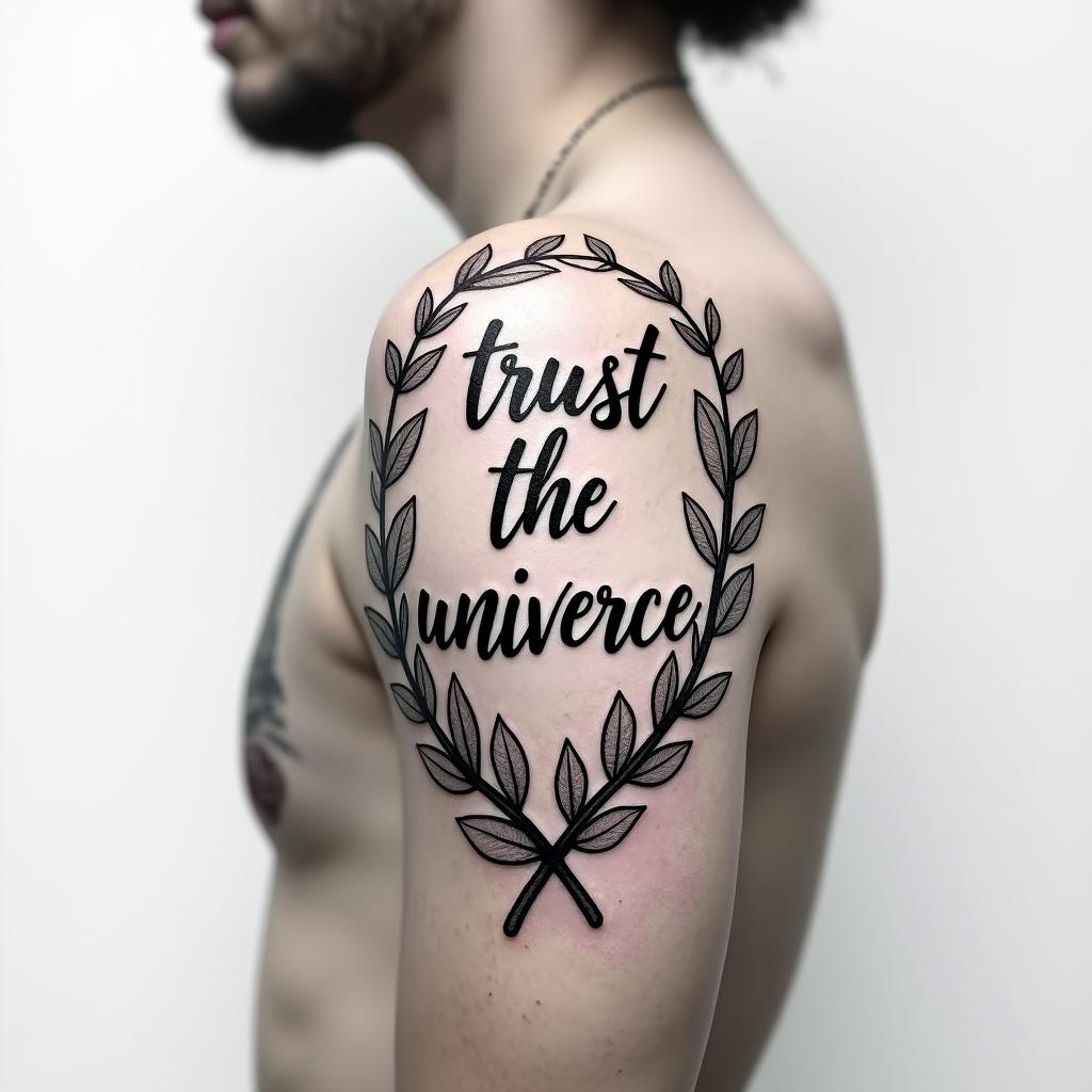 vines on shoulder with “trust the universe” written in cursive in the middlehigly detailed tattoo - Variation 2