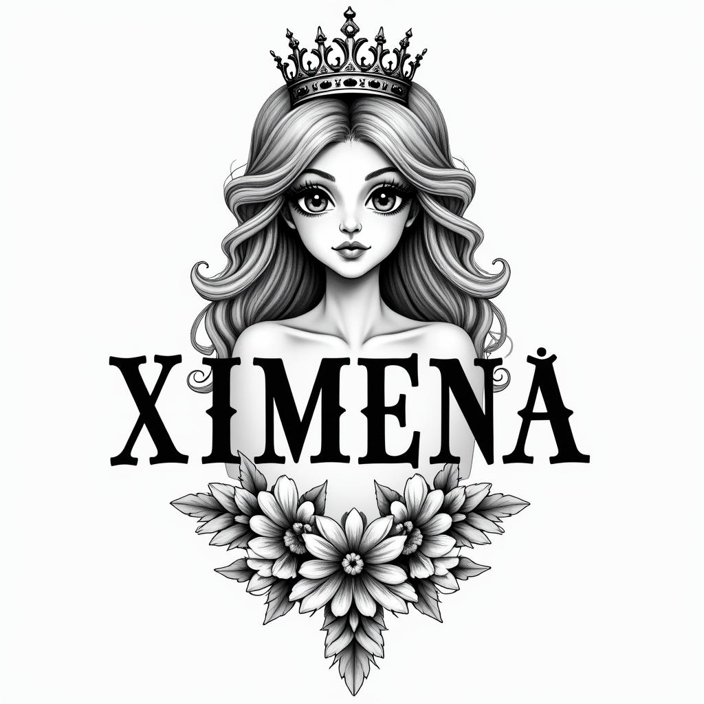tattoo of the name XIMENA with a princess crown over ithigly detailed tattoo - Variation 4