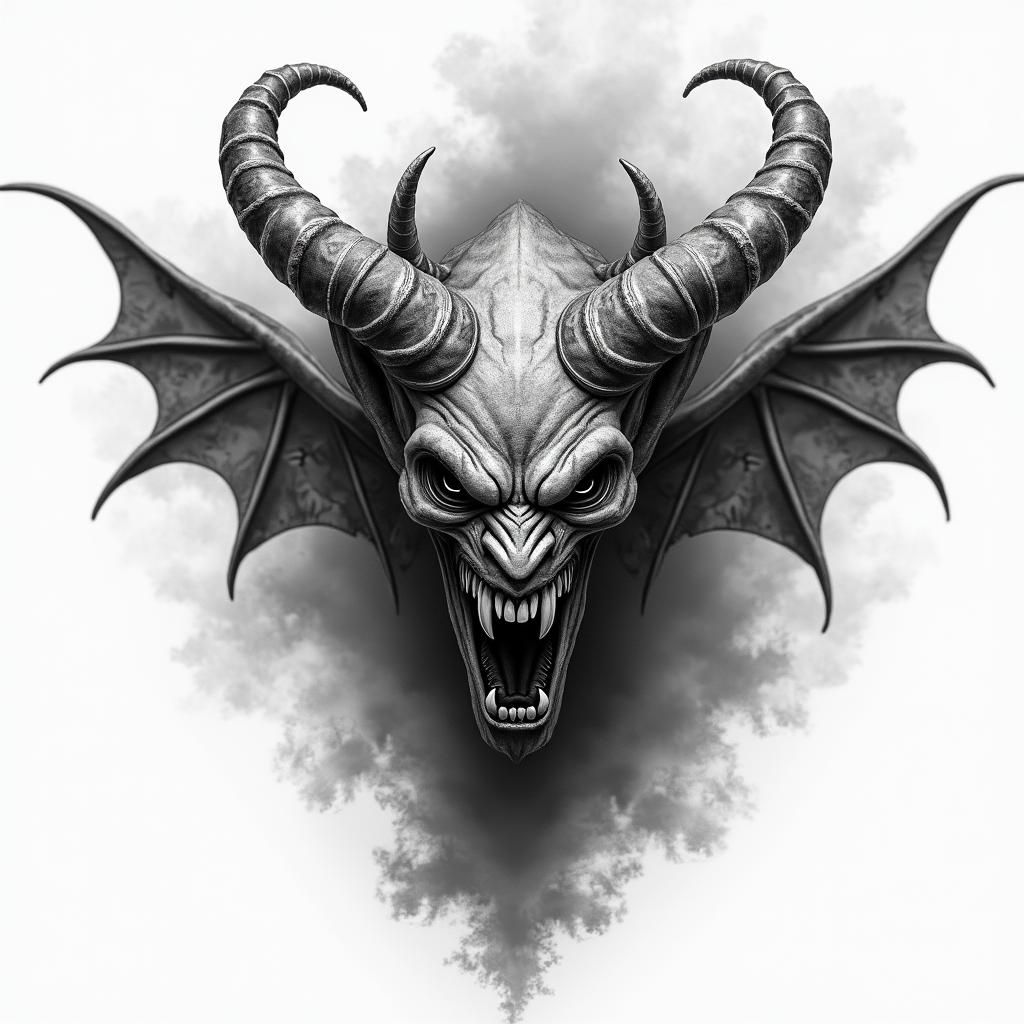 Demon of anger, spirit of anger, thunder and dark cloudsin realism tattoo style, featuring a highly detailed, lifelike, capturing every detail, photorealistic, ultra realistic, intricate shading, smooth and sharp,   - Variation 2