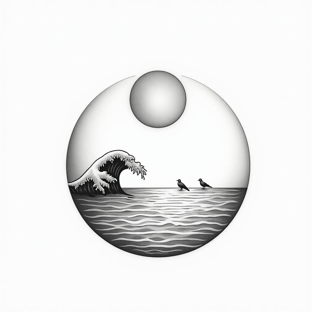 Moon, sun and wave in circle to seagulls outside of circlein minimalist style tattoo, featuring simple shapes and fine lines, with minimal shading and details, tiny triangles, creating a sense of balance and harmony - Variation 2