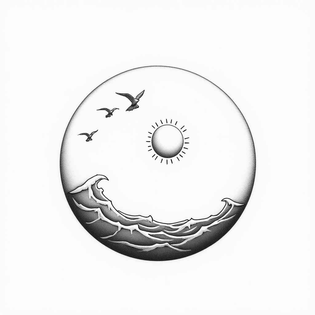 Moon, sun and wave in circle to seagulls outside of circlein minimalist style tattoo, featuring simple shapes and fine lines, with minimal shading and details, tiny triangles, creating a sense of balance and harmony