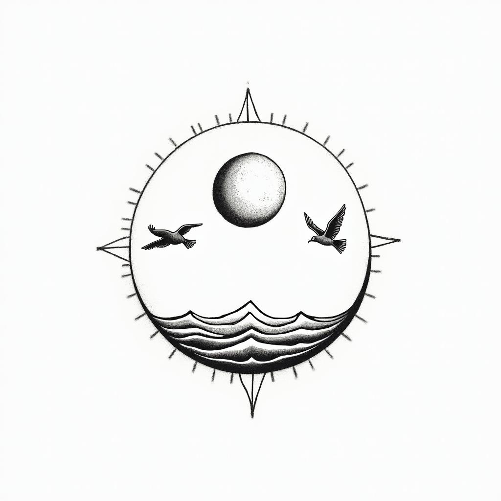 Moon, sun and wave in circle to seagulls outside of circlein minimalist style tattoo, featuring simple shapes and fine lines, with minimal shading and details, tiny triangles, creating a sense of balance and harmony - Variation 4