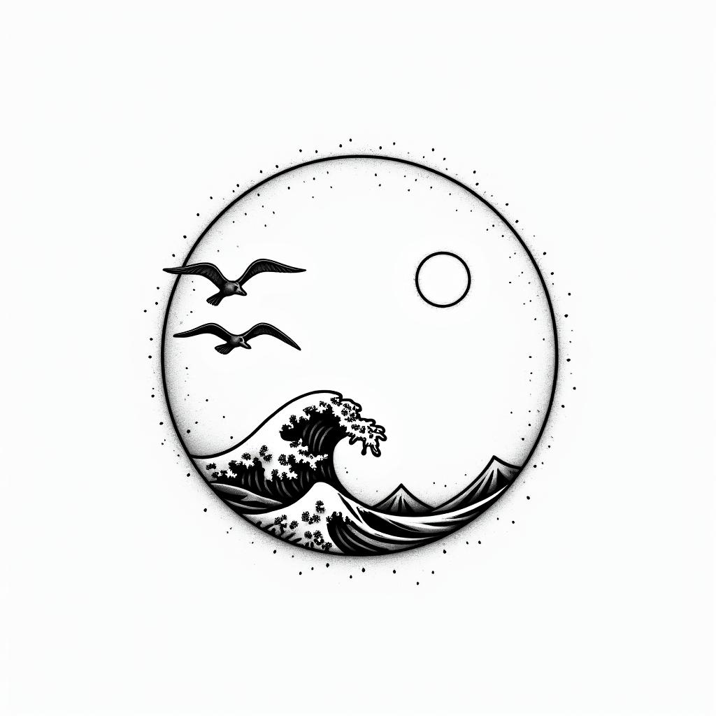 Moon, sun and wave in circle to seagulls outside of circlein minimalist style tattoo, featuring simple shapes and fine lines, with minimal shading and details, tiny triangles, creating a sense of balance and harmony - Variation 3