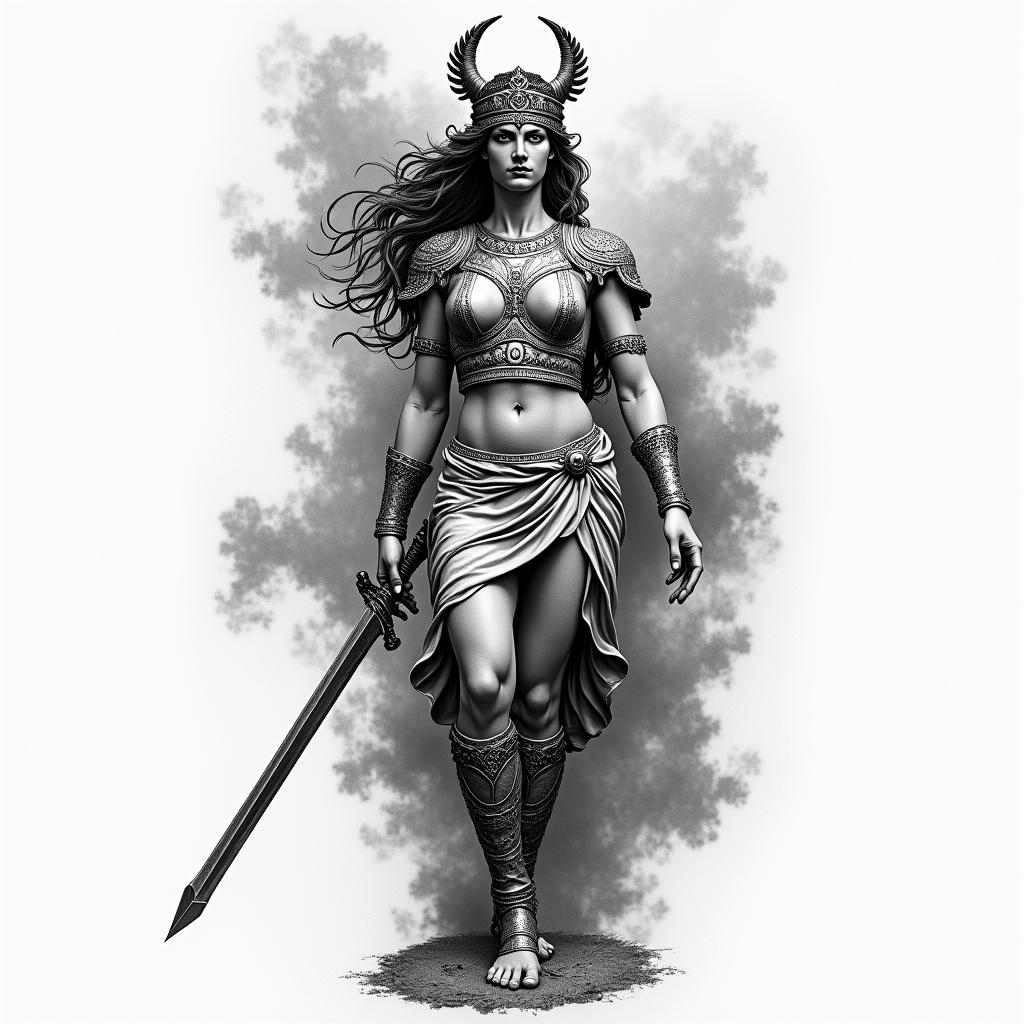 Athena, the goddess of war, firehigly detailed tattoo - Variation 25
