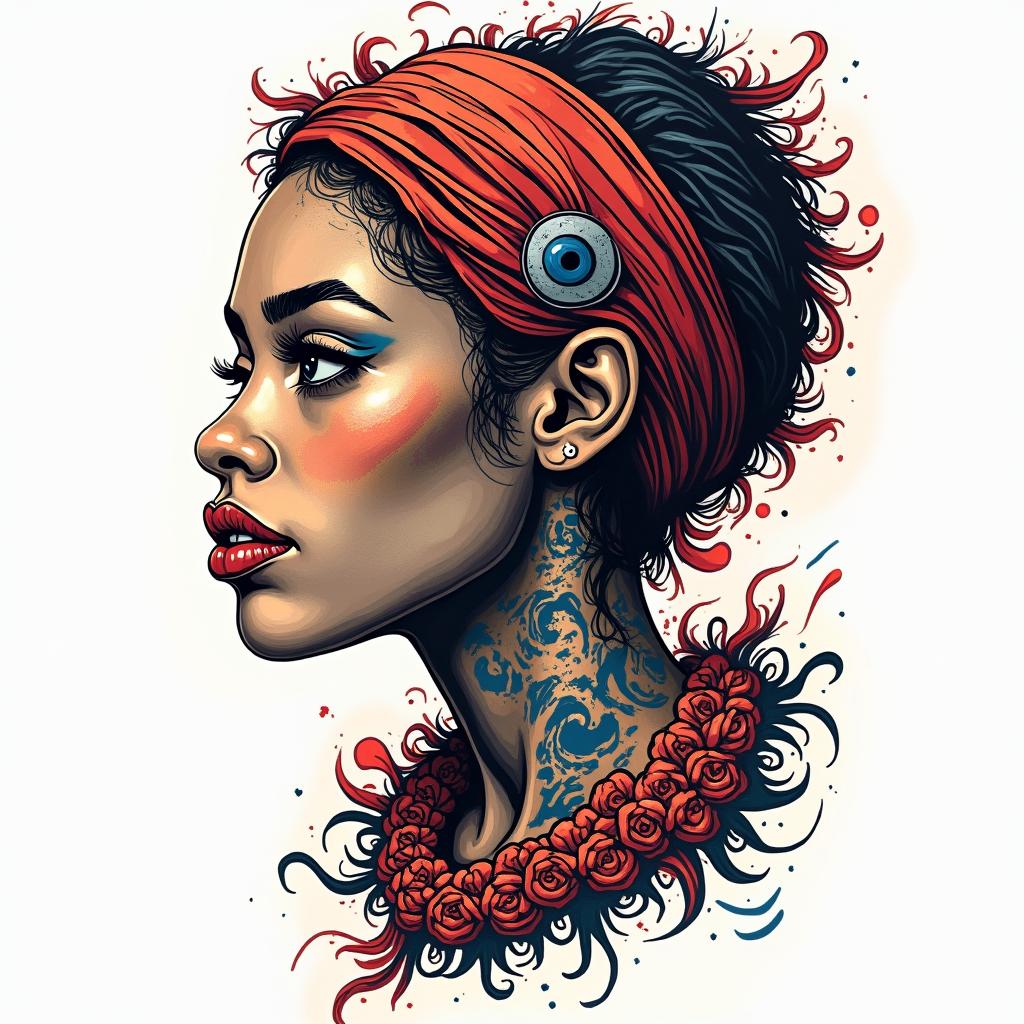 Haitiin pop art style tattoo, featuring bold and vibrant colors, exaggerated outlines, iconic imagery, inspired by comic books and speech bubbles, comic book characters, retro pop culture - Variation 4