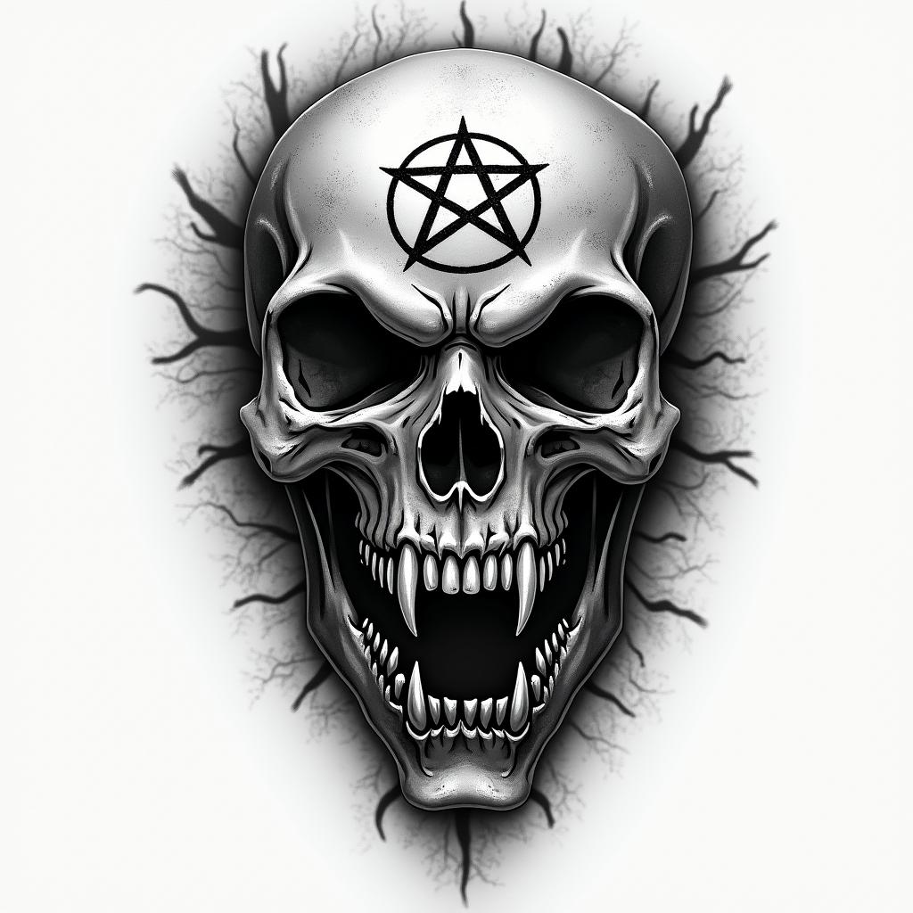 Tactical, Airbornecreepy horror tattoo style, featuring an eerie and unsettling skull of a demonic creature, distorted face with sharp fangs, add pentagram symbol - Variation 4
