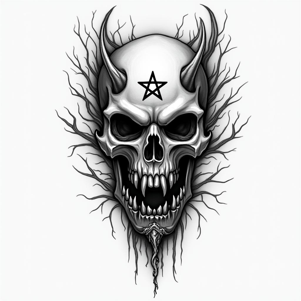 Tactical, Airbornecreepy horror tattoo style, featuring an eerie and unsettling skull of a demonic creature, distorted face with sharp fangs, add pentagram symbol - Variation 2