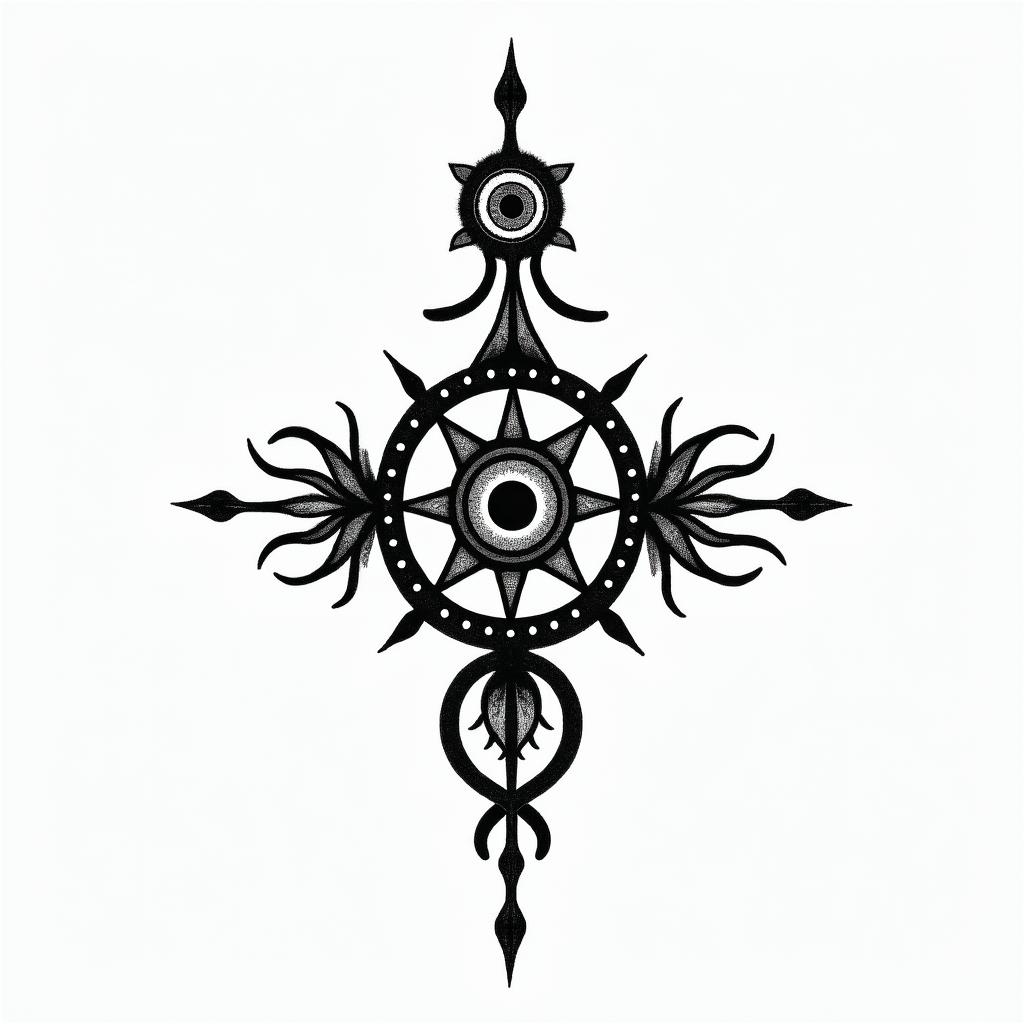 Haitiin spiritual symbols tattoo style, featuring an intricate design incorporating elements, Hamsa hand, third eye, minimalist composition - Variation 3
