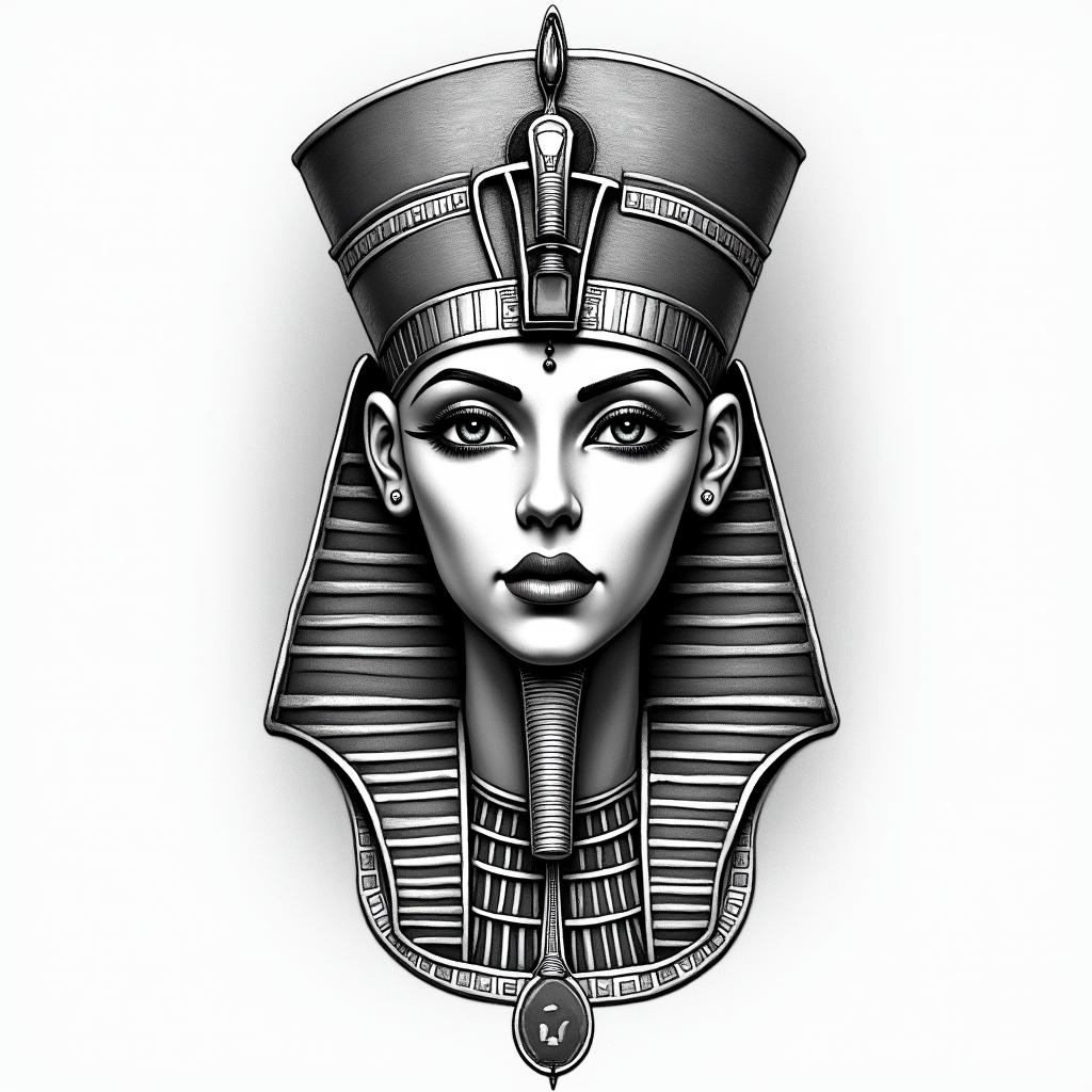 Victory, Guarujá, Cancer, lesbianin egyptian style tattoo, bold elements of ancient egyptian culture including a portrait of an Egyptian pharaoh with detailed facial features, in hieroglyphs and symbolic imagery, eye of horus, ankh symbol, scarab beetle