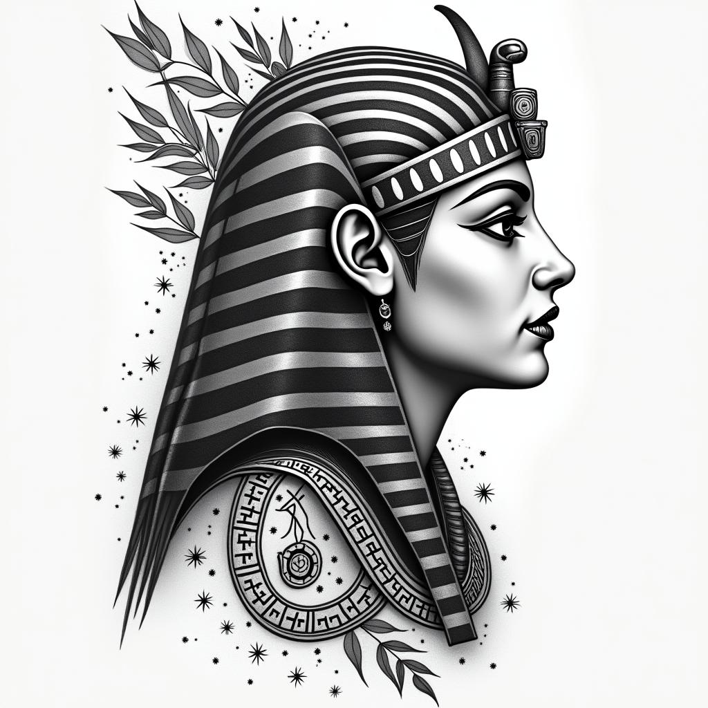 Victory, Guarujá, Cancer, lesbianin egyptian style tattoo, bold elements of ancient egyptian culture including a portrait of an Egyptian pharaoh with detailed facial features, in hieroglyphs and symbolic imagery, eye of horus, ankh symbol, scarab beetle - Variation 3