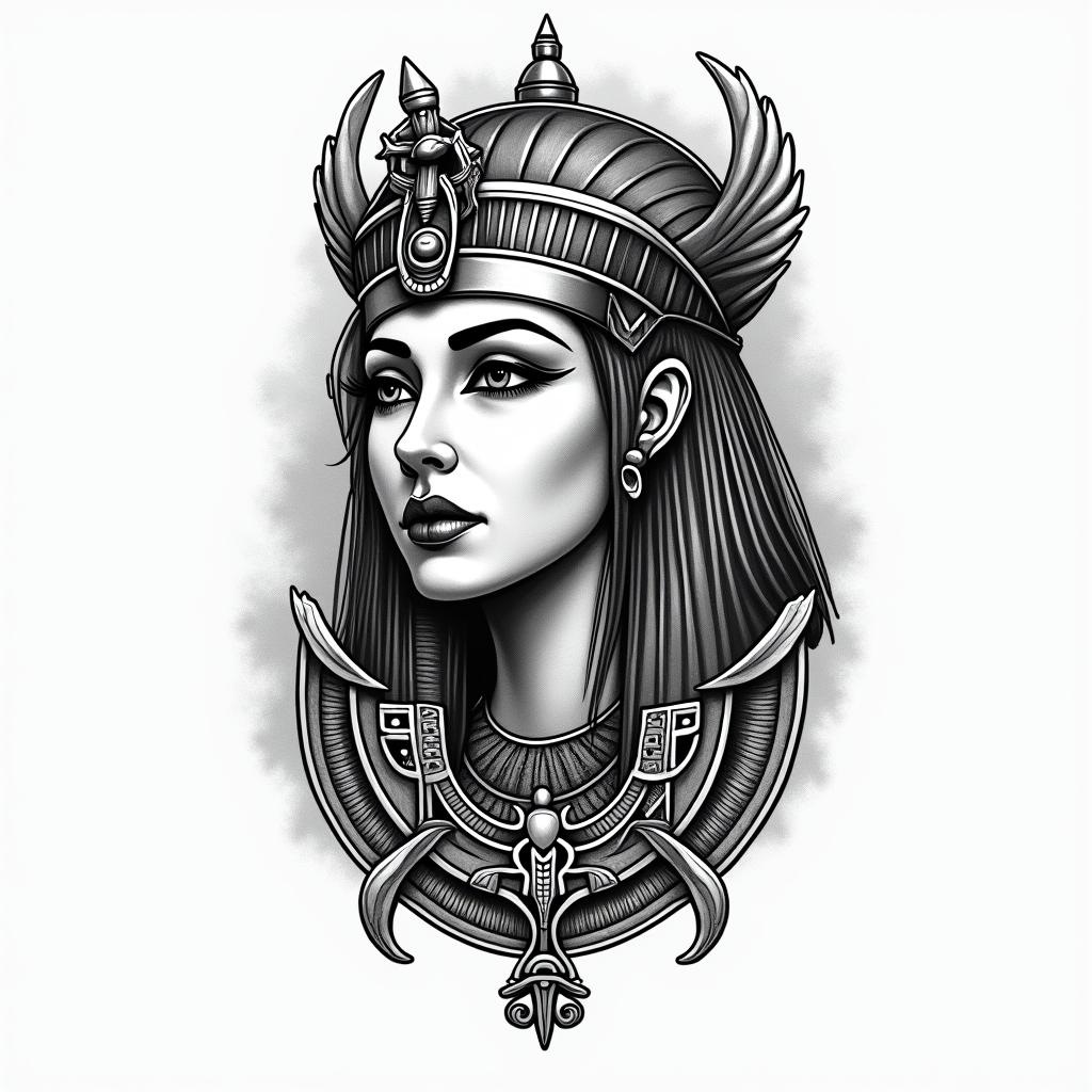 Victory, Guarujá, Cancer, lesbianin egyptian style tattoo, bold elements of ancient egyptian culture including a portrait of an Egyptian pharaoh with detailed facial features, in hieroglyphs and symbolic imagery, eye of horus, ankh symbol, scarab beetle - Variation 4