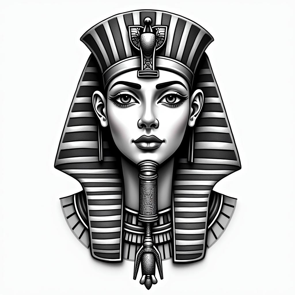 Victory, Guarujá, Cancer, lesbianin egyptian style tattoo, bold elements of ancient egyptian culture including a portrait of an Egyptian pharaoh with detailed facial features, in hieroglyphs and symbolic imagery, eye of horus, ankh symbol, scarab beetle - Variation 2
