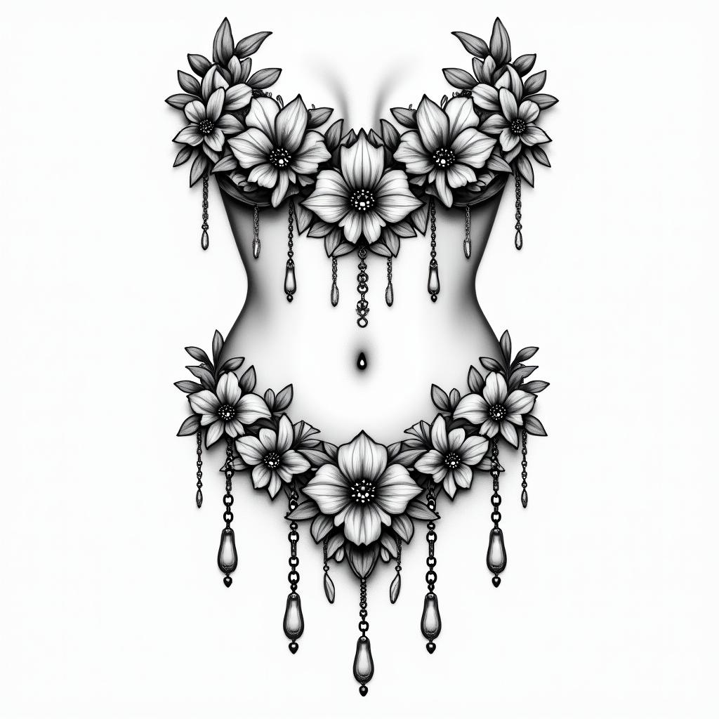Floral( lily flowers) girly dainty underboob sternum tattoo with dangly chainshigly detailed tattoo - Variation 4