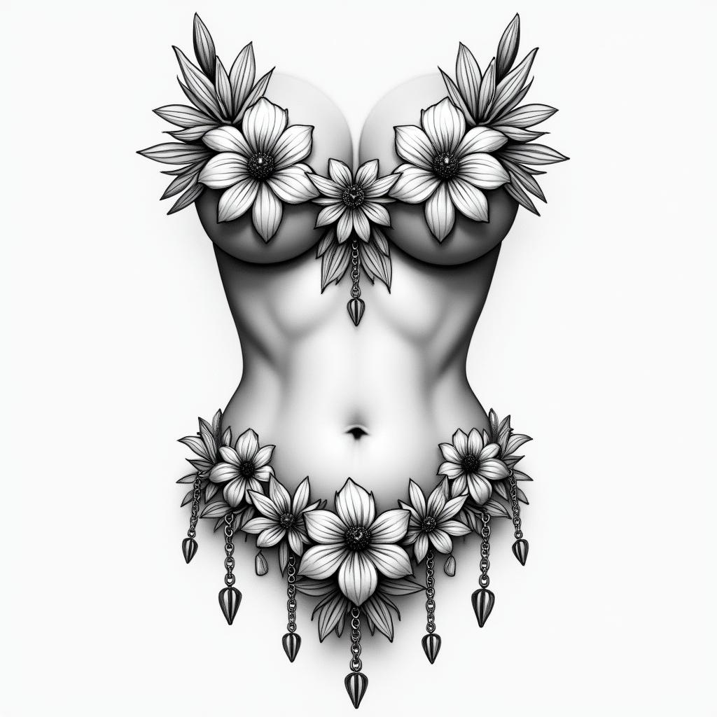 Floral( lily flowers) girly dainty underboob sternum tattoo with dangly chainshigly detailed tattoo - Variation 3