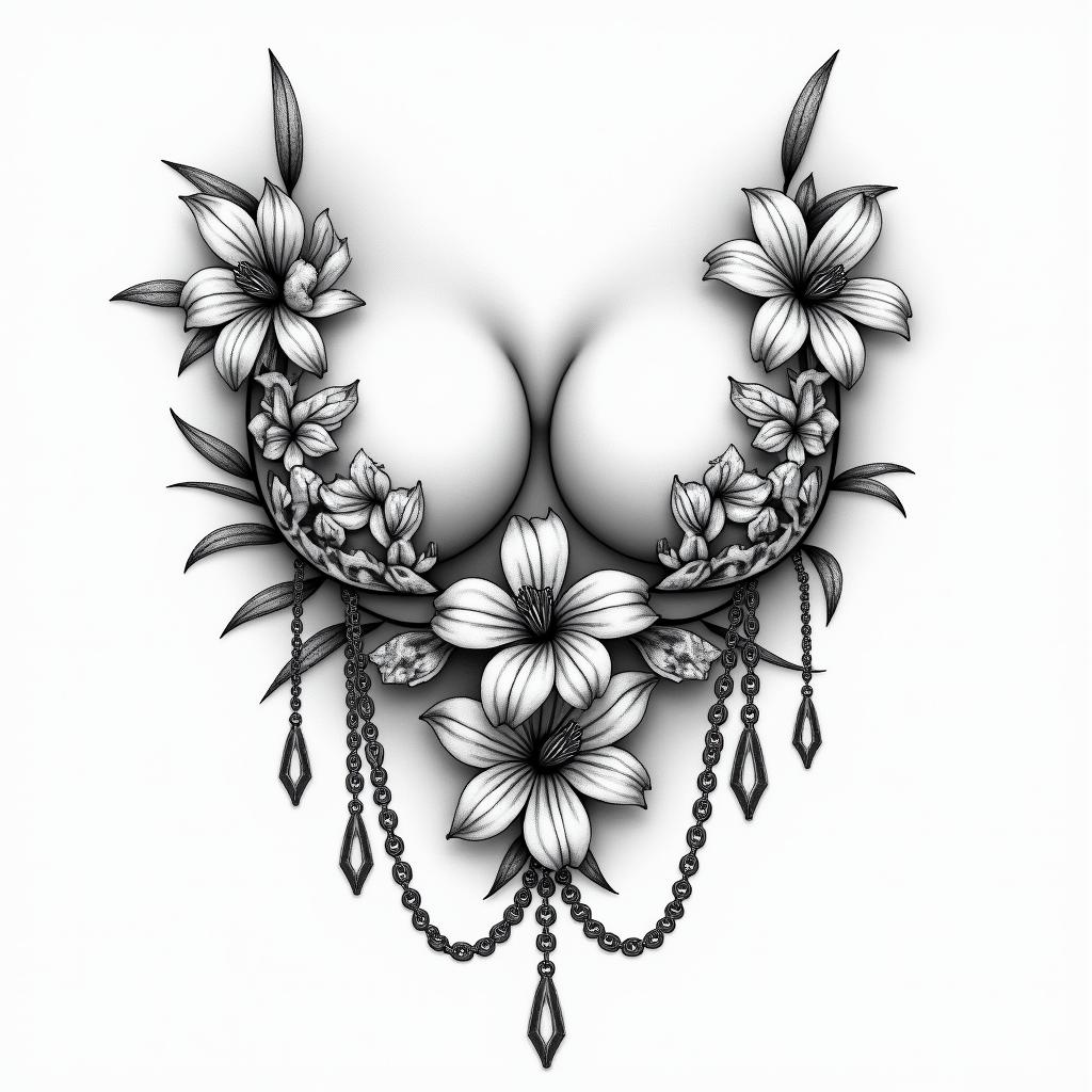 Floral( lily flowers) girly dainty underboob sternum tattoo with dangly chainshigly detailed tattoo - Variation 2