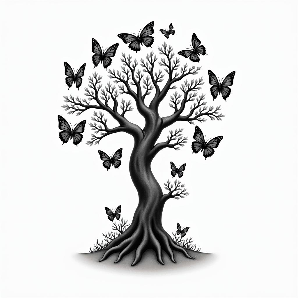 Japanese tree surrounded by 7 birth butterflies.higly detailed tattoo