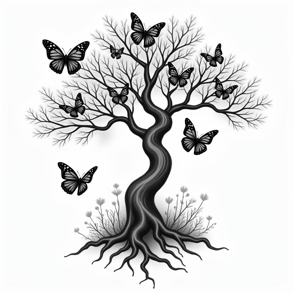 Japanese tree surrounded by 7 birth butterflies.higly detailed tattoo - Variation 2