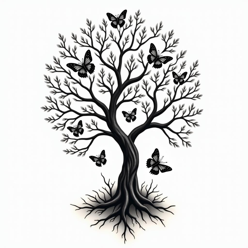 Japanese tree surrounded by 7 birth butterflies.higly detailed tattoo - Variation 4