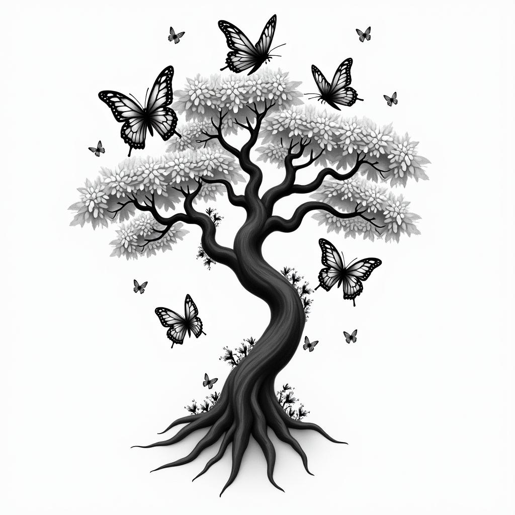 Japanese tree surrounded by 7 birth butterflies.higly detailed tattoo - Variation 3