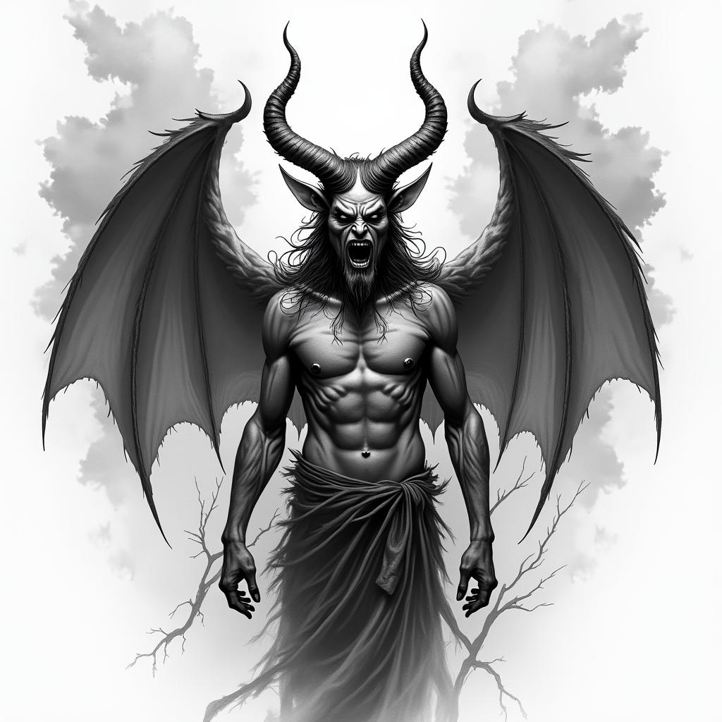 A realistic tattoo design depicting a person possessed by the spirit of anger, surrounded by dark clouds and thunder, resembling Baphomet. The figure is held hostage by anger, with an expression of struggle and turmoil, vividly capturing the intensity of the emotion while conveying a sense of being overwhelmed by dark forces.higly detailed tattoo - Variation 2
