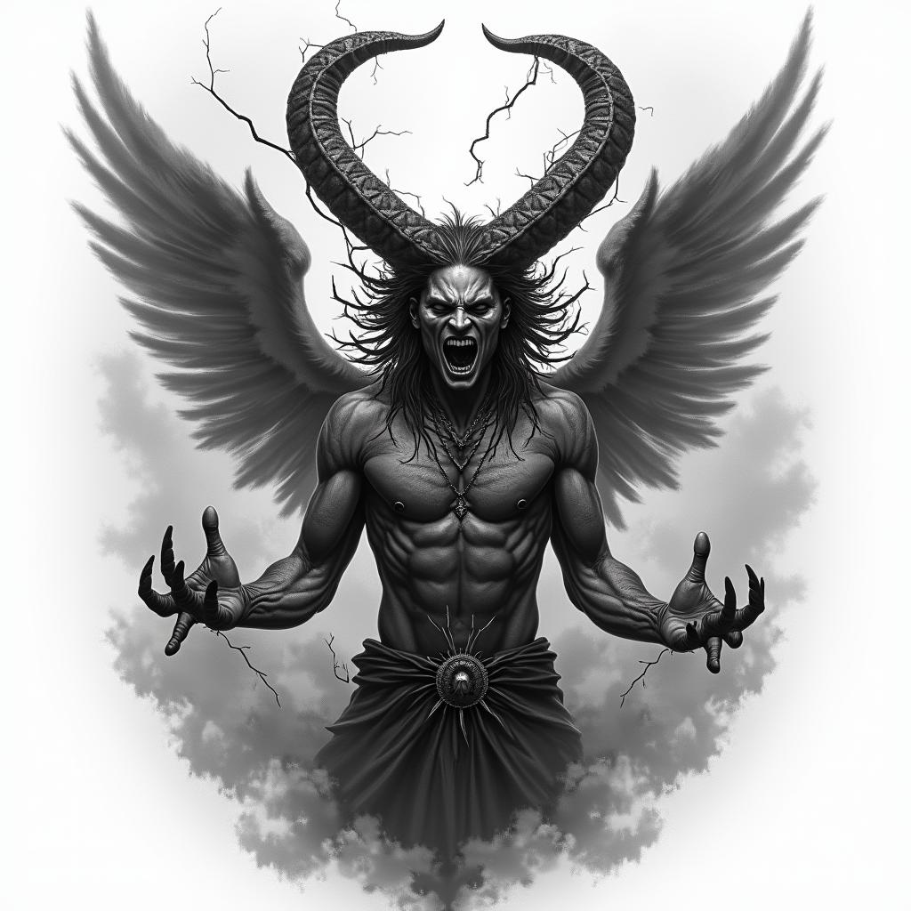 A realistic tattoo design depicting a person possessed by the spirit of anger, surrounded by dark clouds and thunder, resembling Baphomet. The figure is held hostage by anger, with an expression of struggle and turmoil, vividly capturing the intensity of the emotion while conveying a sense of being overwhelmed by dark forces.higly detailed tattoo - Variation 3