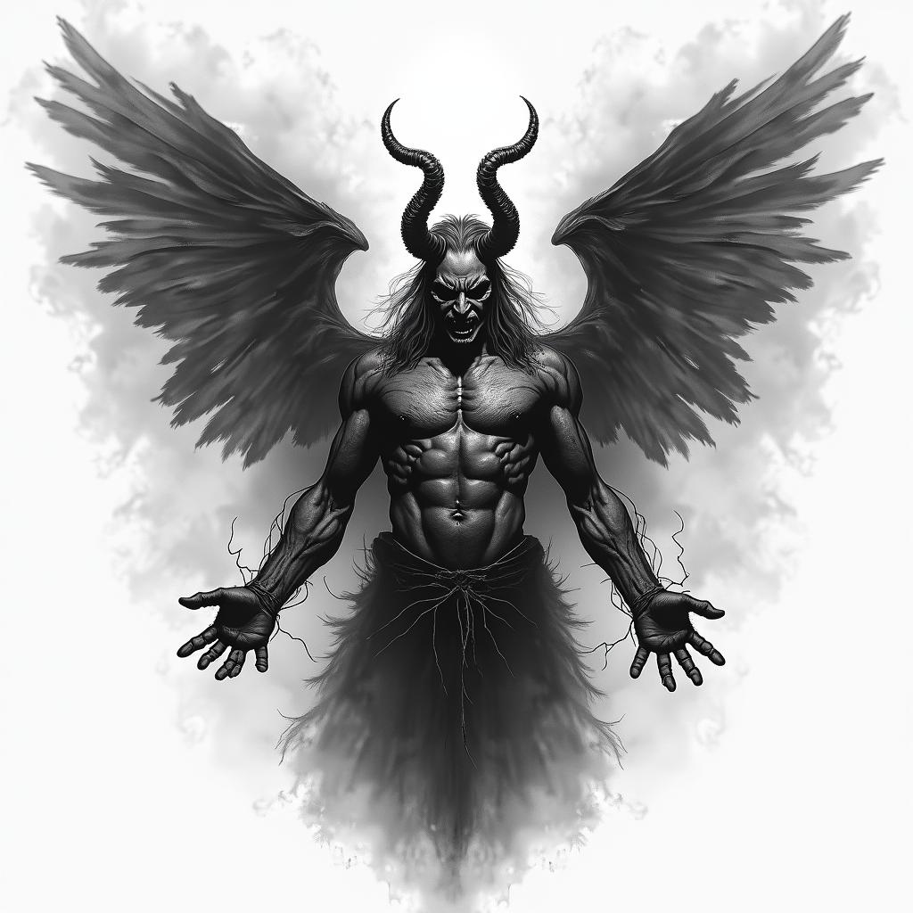 A realistic tattoo design depicting a person possessed by the spirit of anger, surrounded by dark clouds and thunder, resembling Baphomet. The figure is held hostage by anger, with an expression of struggle and turmoil, vividly capturing the intensity of the emotion while conveying a sense of being overwhelmed by dark forces.higly detailed tattoo - Variation 4