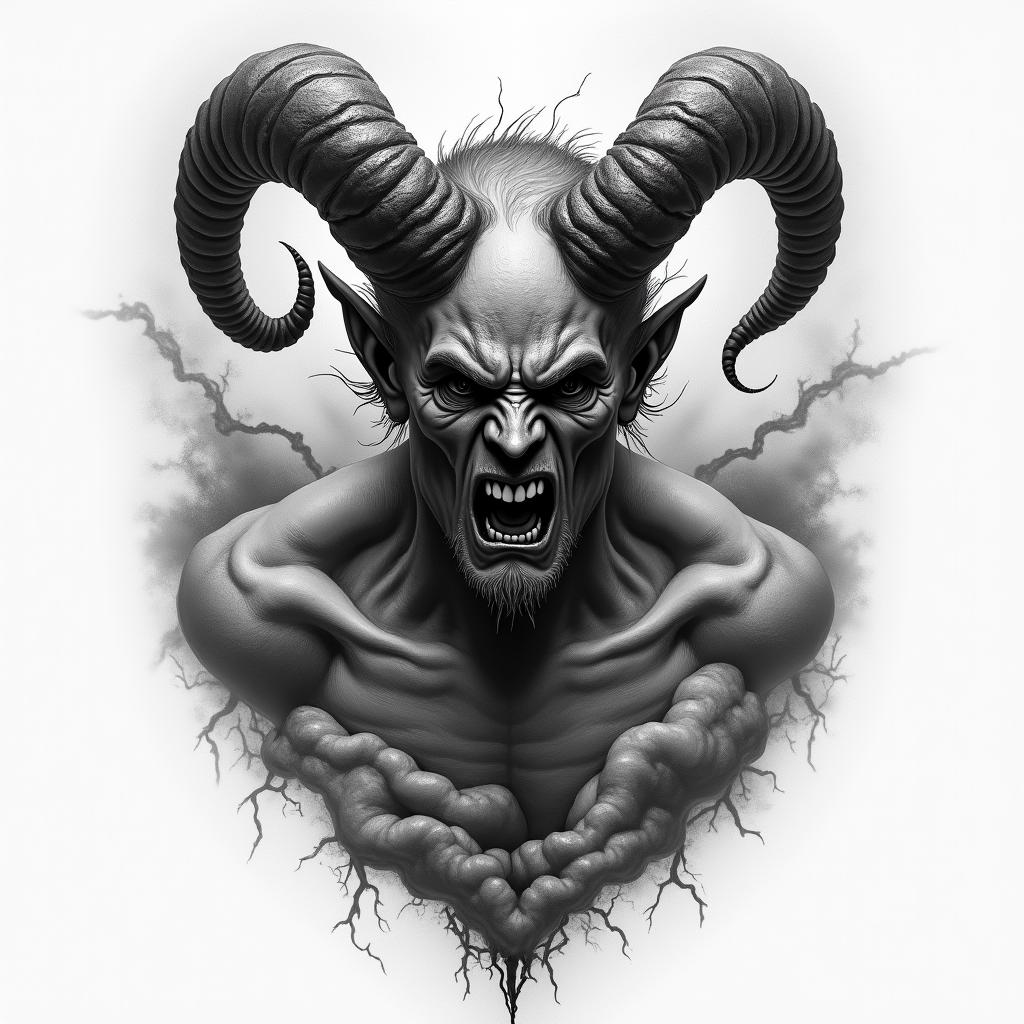 A realistic tattoo design depicting a person possessed by the spirit of anger, surrounded by dark clouds and thunder, resembling Baphomet. The figure is held hostage by anger, with an expression of struggle and turmoil, vividly capturing the intensity of the emotion while conveying a sense of being overwhelmed by dark forces.higly detailed tattoo