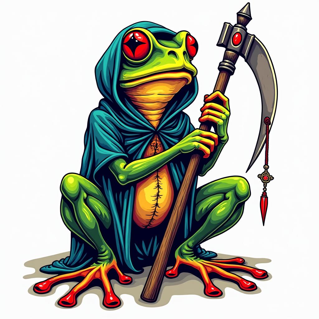 Grim Reaper frog with a scythe and rosaryin pop art style tattoo, featuring bold and vibrant colors, exaggerated outlines, iconic imagery, inspired by comic books and speech bubbles, comic book characters, retro pop culture - Variation 3