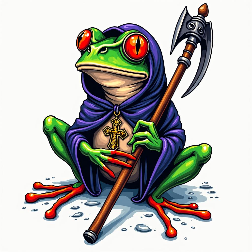 Grim Reaper frog with a scythe and rosaryin pop art style tattoo, featuring bold and vibrant colors, exaggerated outlines, iconic imagery, inspired by comic books and speech bubbles, comic book characters, retro pop culture - Variation 2