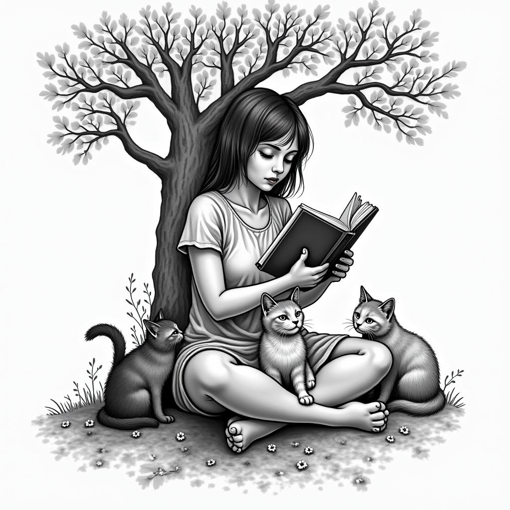 Girl under a tree reading books with three catsin bohemian style tattoo, 8k - Variation 2