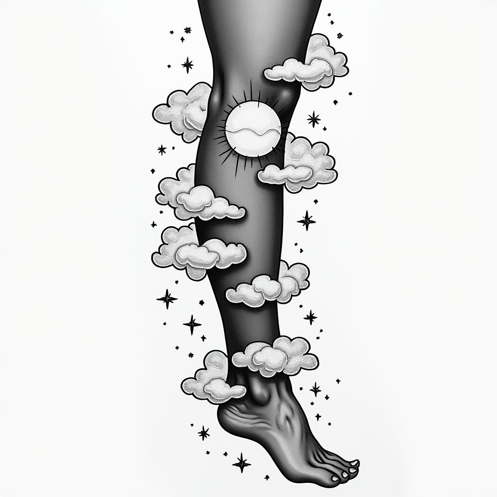clouds with moon & stars on legin authentic tattoo style, incorporating traditional modifications, bold black outlines, solid color fills, featuring classic authentic elements - Variation 4