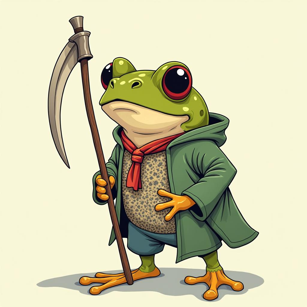 Grim Reaper frog with a scythe and rosaryGhibli, Studio Ghibli aesthetic, hand-drawn anime style, retro nostalgic atmosphere, retro soft pastel color palette with earthy tones, retro Japanese cinematic shot, yellow tint effect, bald character, smooth surface, anime shadow 90's anime style - Variation 3