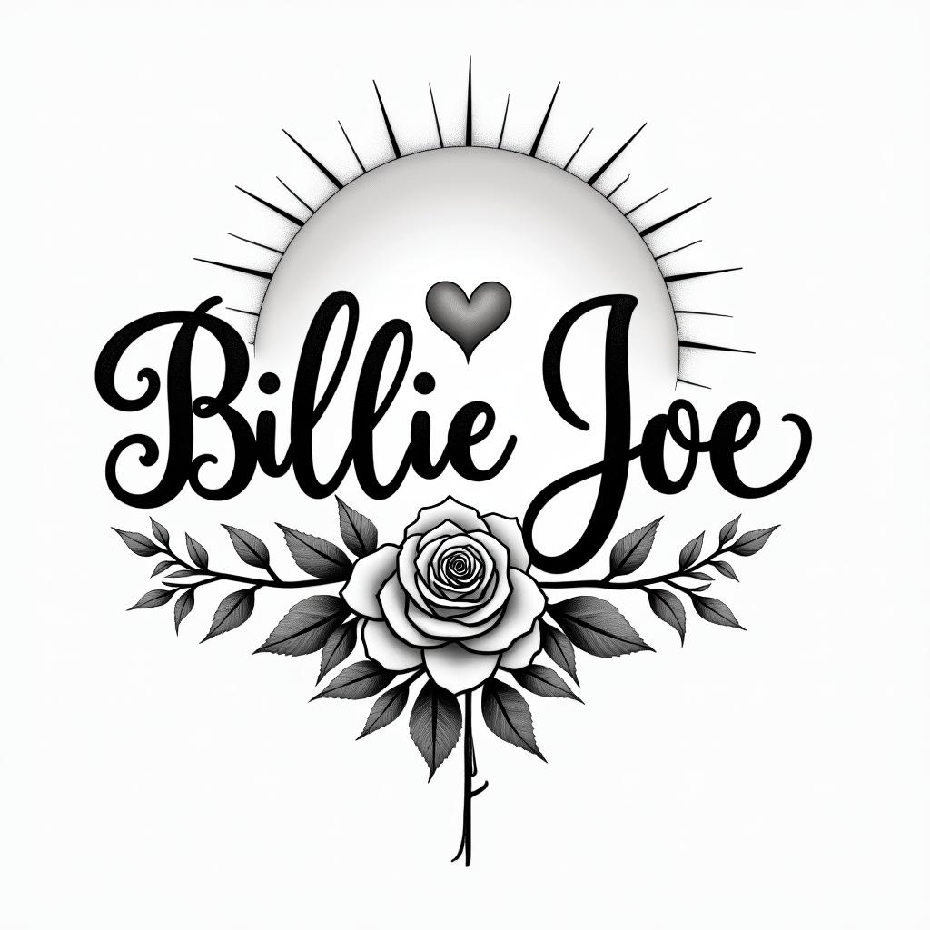 I want a tattoo of my wife’s name Billie Joe incorporating the sun and the moonin elegant cursive calligraphy style 2d tattoo, decorate with roses, featuring a smooth and flowing handwritten script with slightly thickened strokes for a luxurious and bold appearance,  heart symbol between names,  sleek and glossy black text with shadowing, minimalist matte white background, clean and sharp edges, illuminated with soft lighting, romantic, 8k, high-quality textures with refined typography - Variation 3